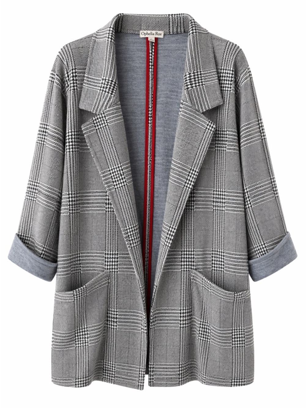 Women's Gray Plaid Open Blazer Jacket